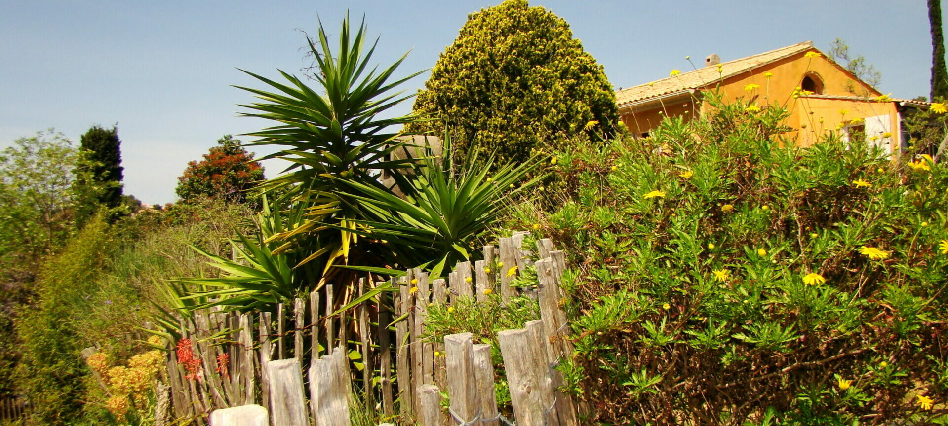 Ganivelles en bois de noisetier délimitant un massif fleuri dans le jardin du Mas de la Gavaresse, style provençal, écologie, ambiance naturelle.