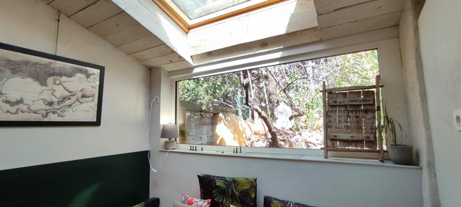 Vue du jardin verdoyant depuis le salon du gîte La Fenière, avec mur de pierre sèche et végétation luxuriante, Le Pradet.