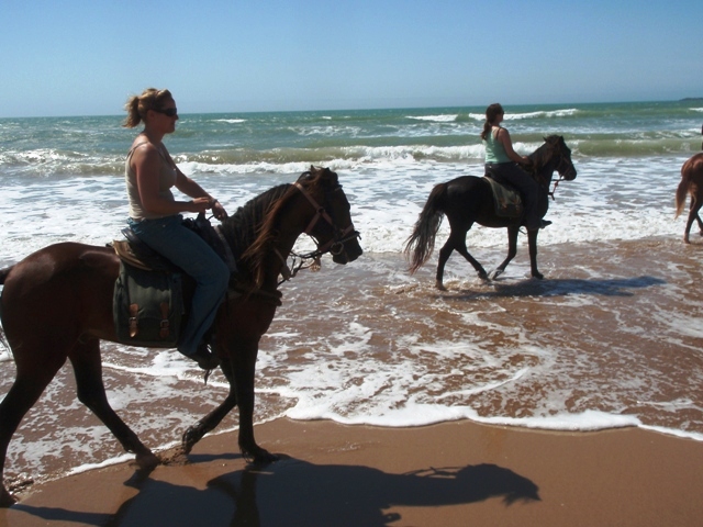 Cavalier à cheval galopant sur une plage en bord de mer au coucher du soleil, équitation, Var.
