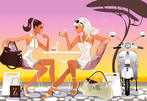 Illustration de deux femmes discutant à une table sous un pin parasol en été, avec un scooter Vespa garé à côté, évoquant l'art de vivre en Provence.